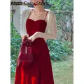 2022 sommer Französisch Vintage Strap Kleid Frauen Rot Elegent Koreanische Party Midi Kleid