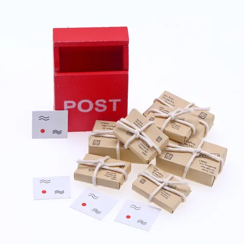 7 teile/satz Puppenhaus Miniatur Briefkasten rote Post Briefkasten Mail Sack Postkarte für Gnom Fee