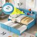 Blue Twin Size Upholstered Daybed w/ Twin Size Trundle Bunk Bed Frame & USB Ports & Storage Shelves Space-Saving, Easy Assembly