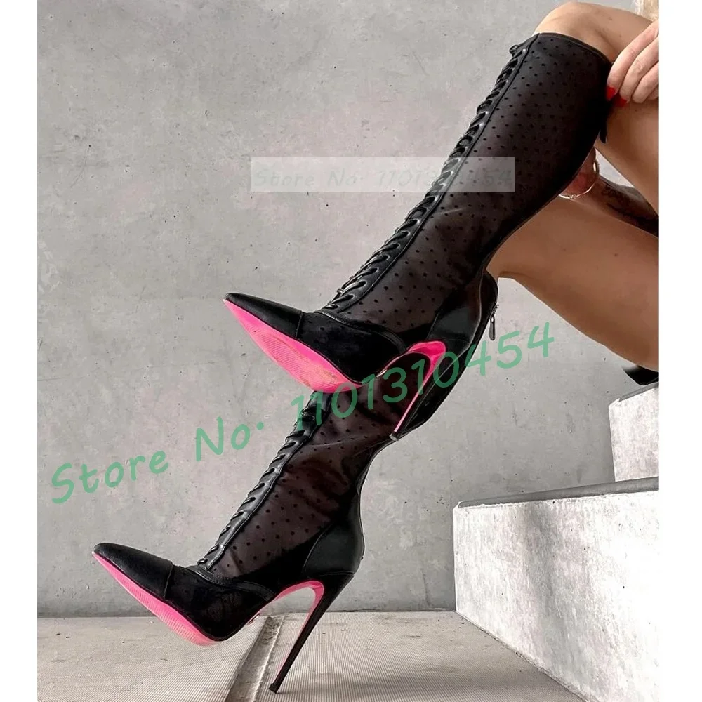 Rosa Sohle spitze kniehohe Stiefel Frauen sexy Punkte schwarz Tüll High Heels Schuhe weibliche Mode Back-Zipper sexy Herbst neue Stiefel