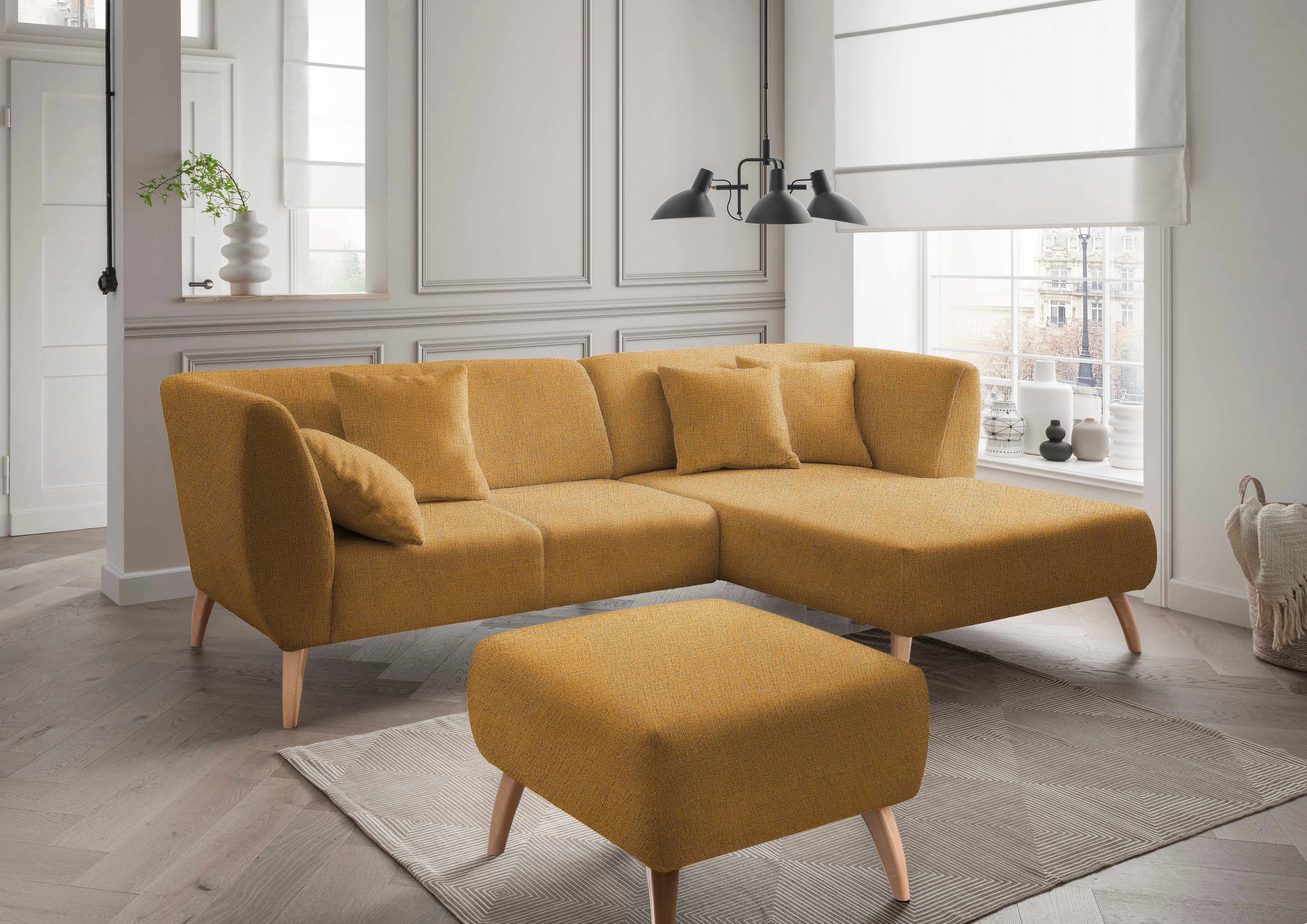Ecksofa HOME AFFAIRE "Colori Polstermöbel mit zeitlos eleganter Rückenführung. L-Form", gold, B:264cm H:80cm T:160cm, 100% Polyester, Sofas, Ecksofa, Holzfußfarbe wählbar, inkl. 4x Zierkissen