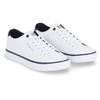 Sneaker TOMMY HILFIGER "TH HI VULC CORE LOW LEATHER ESS", Herren, Gr. 44, bunt (weiß, dunkelblau), Leder, Lederimitat, sportlich, Schuhe, Freizeitschuh, Halbschuh, Schnürschuh mit Ziernähten an der Ferse