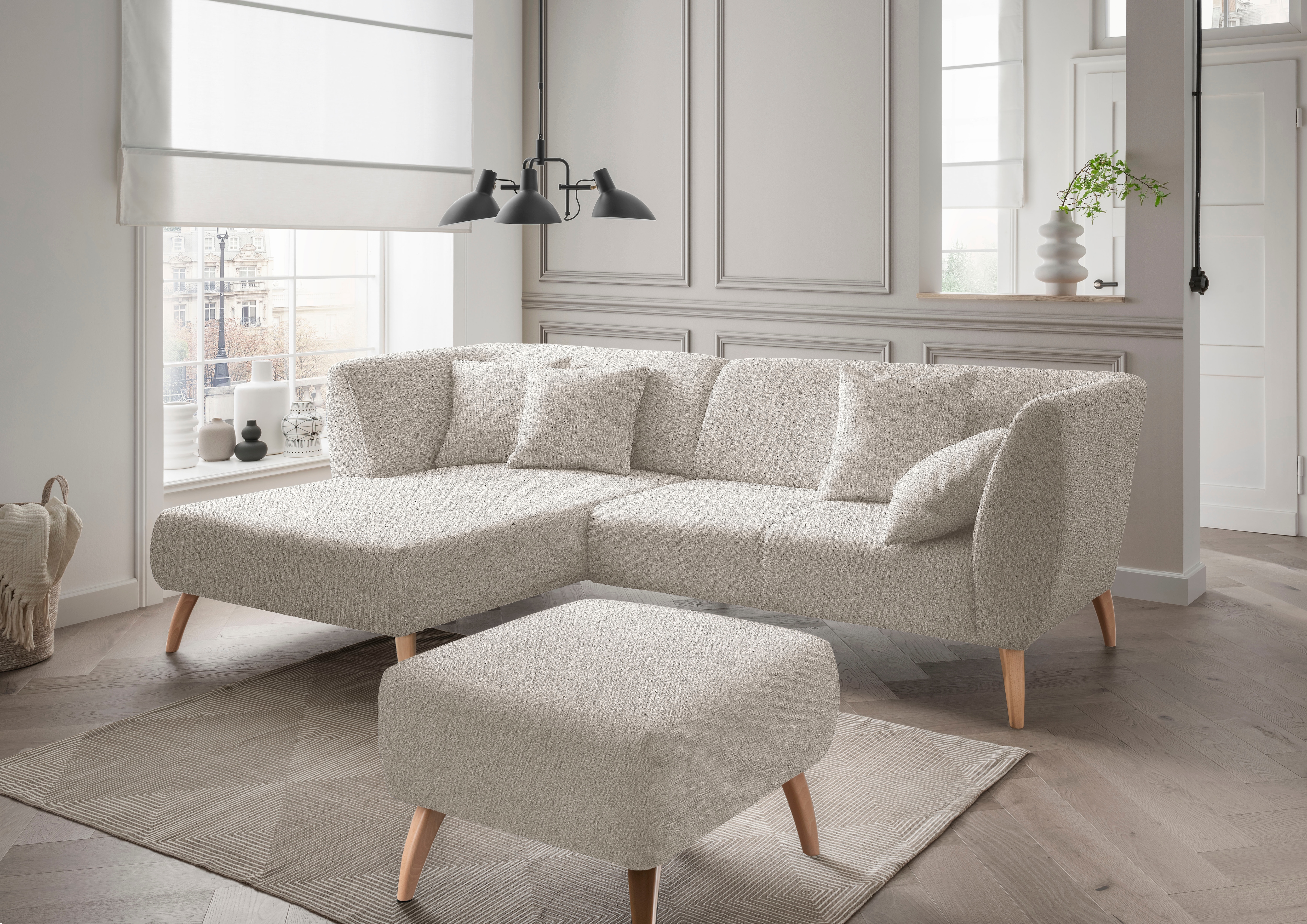 Ecksofa HOME AFFAIRE "Colori Polstermöbel mit zeitlos eleganter Rückenführung. L-Form", beige (creme), B:264cm H:80cm T:160cm, 100% Polyester, Sofas, Ecksofa, Holzfußfarbe wählbar, inkl. 4x Zierkissen