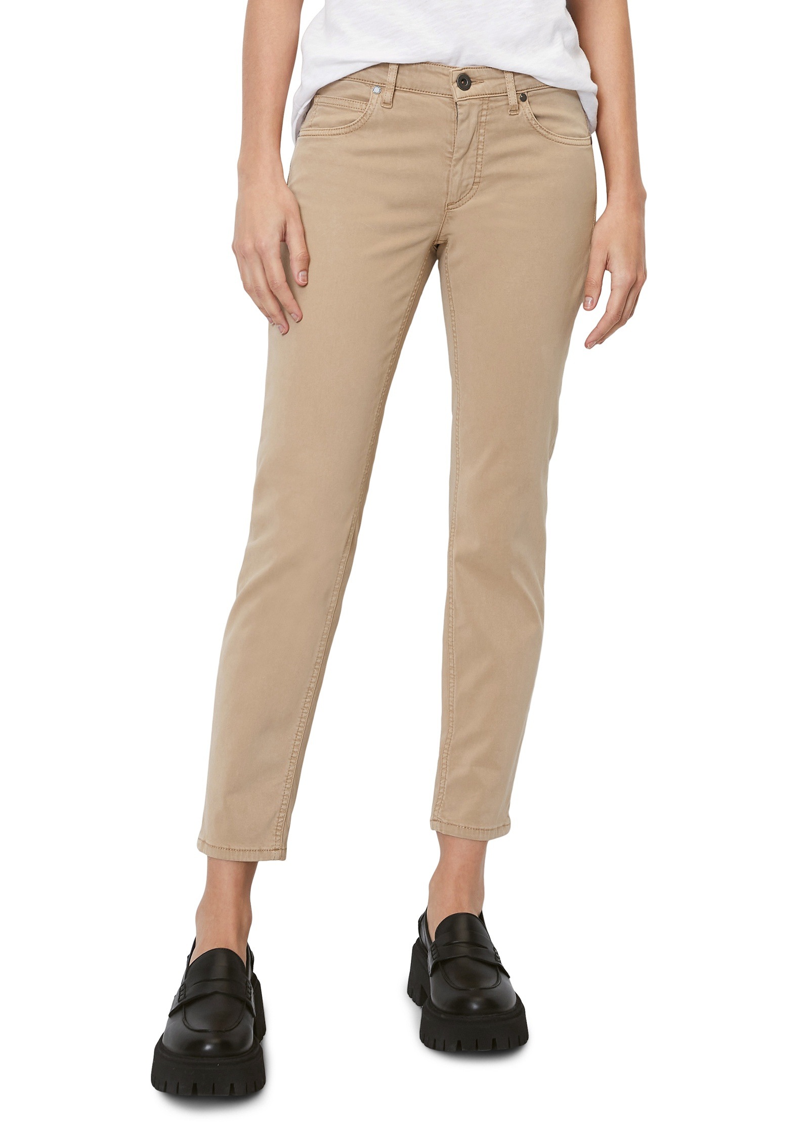 5-Pocket-Hose MARC O'POLO "aus Lyocell-Baumwolle-Mix", Damen, Gr. 29, Länge 34, beige (norse sand), Obermaterial: 64% Lyocell, 32% Baumwolle, 4% Elasthan, unifarben, slim fit lang, Hosen 5-Pocket-Jeans