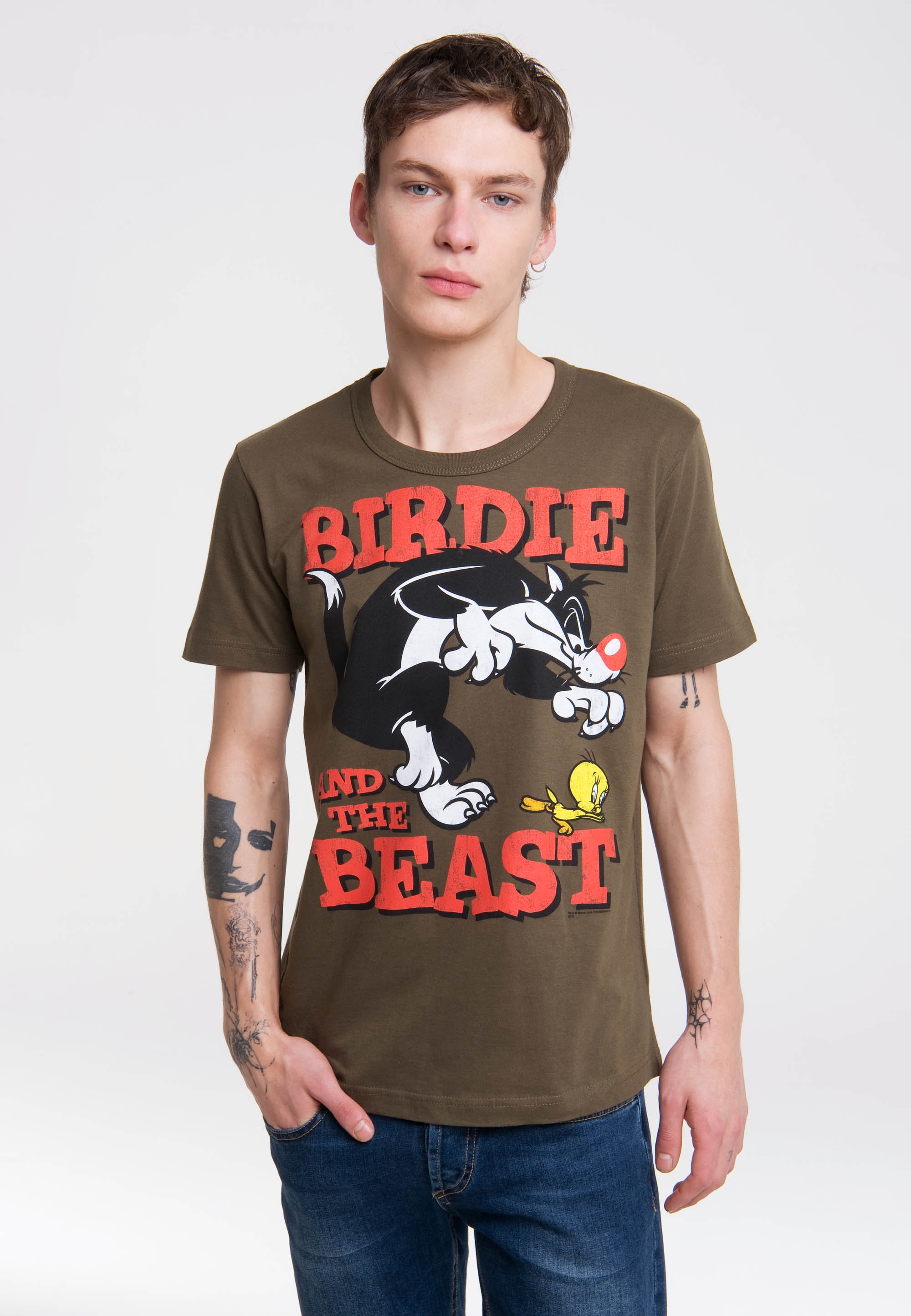 T-Shirt LOGOSHIRT "Looney Tunes – Sylvester & Tweety", Damen, Gr. M, grün (olivgrün, grün), 100% Baumwolle, unifarben, normal, Rundhals, Shirts T-Shirt, mit coolem Print