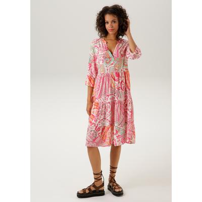 Blusenkleid ANISTON CASUAL, Damen, Gr. 38, N-Gr, bunt (wollweiß, pink, mint, orange, salbei, rot), Web, Obermaterial: 100% Viskose, bedruckt, gemustert, Paisley, feminin, lässig geschnitten kniefrei, V-Ausschnitt, 3/4-Ärmel Volant, Kleider, mit... Image