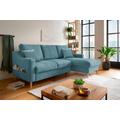 Ecksofa INOSIGN "Valentina L-Form", blau (denim), B:228cm H:94cm T:150cm, 95% Polyester, 5% Nylon, Sofas, 2 Zierkissen, mit Seitentasche, ausziehbarer Liegefläche, Bettkasten