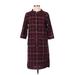 Wrap Casual Dress - Shirtdress High Neck 3/4 sleeves: Burgundy Plaid Dresses - Women's Size 2