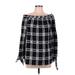 Gibson Latimer Long Sleeve Blouse: Boatneck Off Shoulder Black Plaid Tops - Women's Size Medium