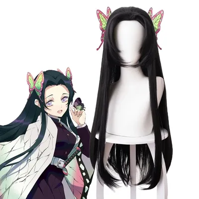 Kochou Kanae Perücke Anime Kimetsu no Yaiba Cosplay Synthetische Schwarze Lange Haare Schmetterling Image