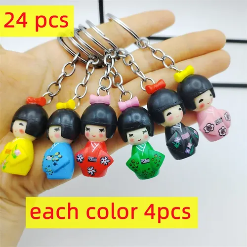 24 teile/los Japanischen KOKESHI Puppe Schlüssel kette Metall Schlüssel Ring Charme Party Geschenke