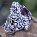 Punk Style Vintage 100% Flower 925 Sterling Silver Round Natural Amethyst Wedding Engagement Rings