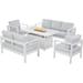 Superjoe Outdoor Furniture Set w/CSA Certified 54in Propane Gas Fire Pit Table 7 Seats Aluminum Patio Conversation Sofa with 5in Olefin Cover Cushions White