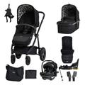 Cosatto 3 in 1 Travel System - Wow 2 Everything Bundle - Compact Fold & Lightweight, Carrycot, Seat Unit, iSize Car Seat, ISOFIX Base, Adapters, Footmuff, Changing Bag & Raincover (Black Silhouette)