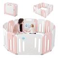 COSTWAY Foldable Baby Playpen, Plastic Infants Play Pen with Whiteboard and Rotatable Ball, Adjustable Play Yard Fence for Babies, Toddlers (Pink, 14 Panels)
