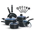 Kitchen King 15 Pieces Pots and Pans Cooking Set with Lids Non Stick Frying Pans, Saucepans and Casserole Dishes Set with 5 Different Spoons PFOA Free Fusion Cooking Set Glossy Finish (Black)