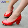 Frühling Frauen Pumpen Chunky Block High Heels Rot Patent Leder Runde Kappe Casual Büro Slip-on Kleid Damen Schuhe zapatos Mujer