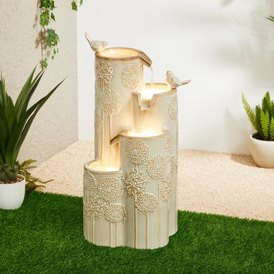 Glitzhome 31.75"H 4-Tier LED Vase-Shaped Ceramic Outdoor Floor Fountain with Birds/ Lotus