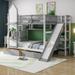 Full Over Full Bunk Bed with 2 Drawers & 3 Shelves, Castle Style Bedframe with Slide for Kids Boys/Girls/Teens, Grey