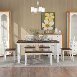 60" Farmhouse Rectangular Dining Table with 4 Upholstered Chairs and Bench