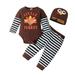 Noarlalf Thanksgiving Cute Cartoon Long Sleeve Patchwork Romper Blouse Striped Pant Trousers with Hat Outfits Set 3Pcs Clothes Baby Boy Clothes Brown 80