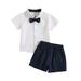 Uuszgmr Child Outfits Set Childrenrens Boys Summer Suit Short Sleeved White Shirt With Bow Tie Navy Blue Shorts Performance Suit Gentleman Suit Casual Vacation Travel Usual Time