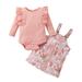 Uuszgmr Child Outfits Set Children Girls Winter Long Sleeve Ribbed Tops Flower Suspender Dress Set 2Pcs Outfit Clothes Set For Kids casual Vacation