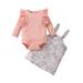 Uuszgmr Child Outfits Set Children Girls Winter Long Sleeve Ribbed Tops Flower Suspender Dress Set 2Pcs Outfit Clothes Set For Kids casual Vacation