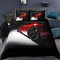 Loussiesd Modern Speed Sport Car Comforter Cover,Vivid Toned Exquisite Automobile Image Bedspread QuiltCover,Decorative 3 Piece Bedding Set with 2 Pillow Shams,Double Size,Black Red & Zippers Ties