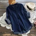 ZANZEA 2023 camicie blu Denim da donna camicetta autunno moda Casual bottone scollo a V manica lunga