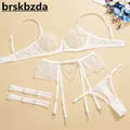 Brskbzda White 3-Piece Lace Bra Sets Women Luxury With Chain Sexy Lingerie Set High Grade Ladies