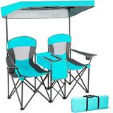 Double Camping Chair Beach Chair With Canopy Shade Adjustable UV ion Cooler Cup Holder & Carry Bag Folding Portable Lawn Soccer Camp Chair With Umbrella For Adults (Navy 2 Person)