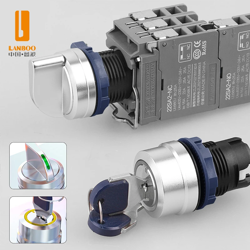 SA2 LANBOO Schlüssel Knopf Kunststoff Push Button Switch 25A großen Strom 2NC Mit LED grün 9-24v 220V Image