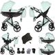 Junama Diamond Hand Craft V3 2in1 3in1 4in1 Baby Pram Pushchair Car Seat ISOFIX + Umbrella Exclusive Prams (3in1, Pistachio 01)