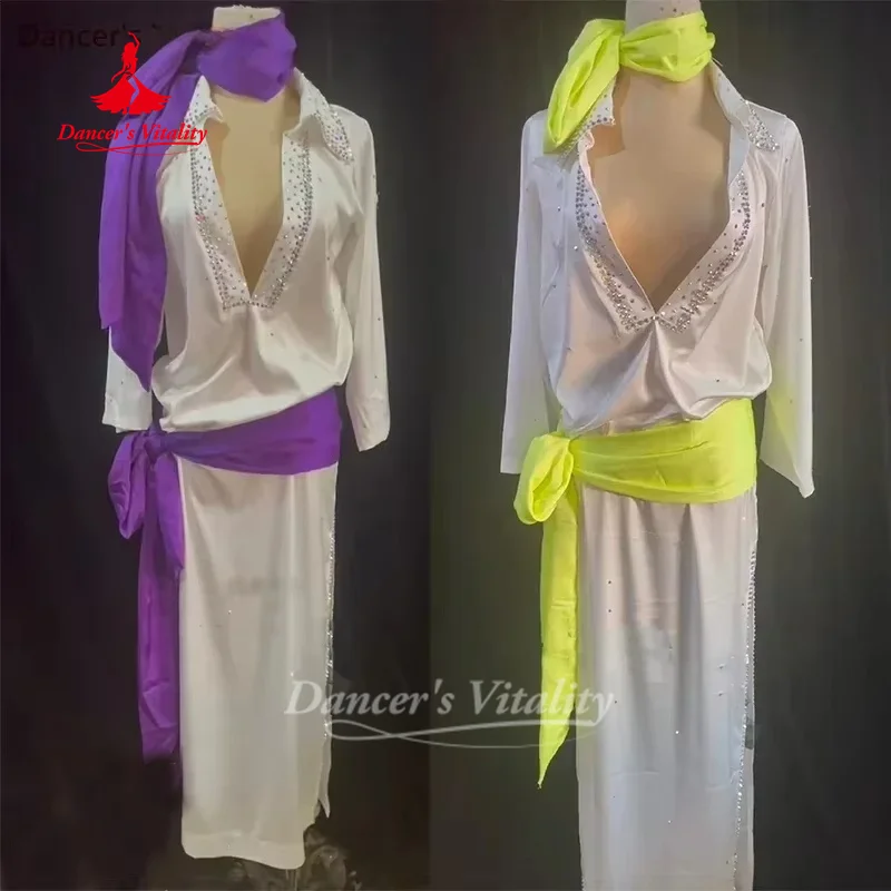 Bauchtanz-Roben, individuell anpassbar, AB-Steine, Robe + Kopftuch + Hüfttuch, 3 Stück, Shaabi Balady Saidy Performance-Kostüm, Tänzerin Vitalität Image