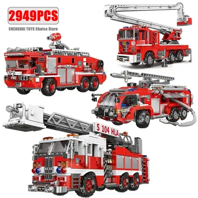 Simulation Stadt Feuerwehrmann Rettungstechnik Fahrzeug Beweglicher Baustein Feuerwehrautos Modellbausatz Zusammengebautes Spielzeuggeschenk für Kinder Image