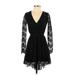 Abercrombie & Fitch Casual Dress - Fit & Flare Plunge Long sleeves: Black Print Dresses - Women's Size X-Small