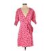 Wednesday's Girl Casual Dress - Wrap Plunge 3/4 sleeves: Pink Polka Dots Dresses - Women's Size Small