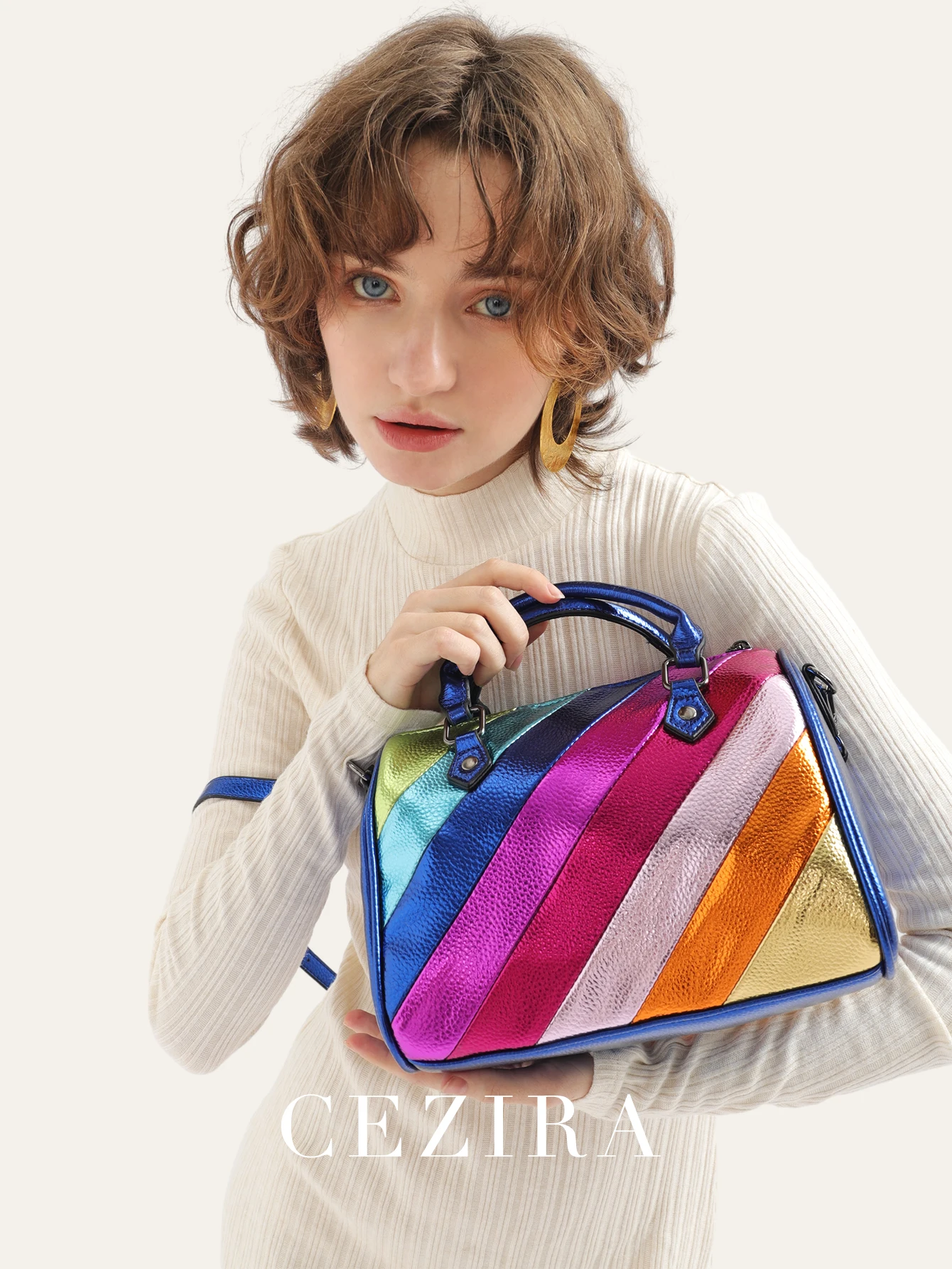 CEZIRA-Sac à main en cuir vegan métallique PU pour femme, mode Boston, sac à main à poignée supérieure, sac à bandoulière, rayé, patchwork coloré, luxe