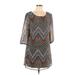 Sweet Storm Casual Dress - Shift Scoop Neck 3/4 sleeves: Gray Chevron/Herringbone Dresses - Women's Size Large