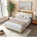 Beige Queen Platform Upholstered Bed w/ Plaid Storage Shelf Bookcase Headboard Metal Strip Decoration Footboard