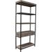 87 in. Gray Oak Wood & Black Metal Frame 5 Tier Shelf Unit with 2 Drawers