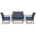 Glass Top & Resin Wicker Outdoor Loveseat with Table & Chairs Set Blue & Gray - 4 Piece