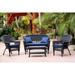 4 Piece Black Wicker Conversation Set - Navy Blue Cushions