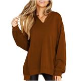 50% Up Clearance Oversized Sweatshirts 2024 Ladies V Neck Long Sleeve Solid Color Loose Pullover Top Fall Spring Casual Sweaters (X-Large Brown)