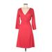 Lands' End Casual Dress - Wrap Plunge 3/4 sleeves: Red Print Dresses - Women's Size 6