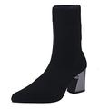 OverDose Boutique High Fabric Women Fashion Toe Shoes Boot Solid SlipOn Boots Middle Heel Color Stretch Pointed women's boots Women Tall Boots Wide Calf (Black, 7)