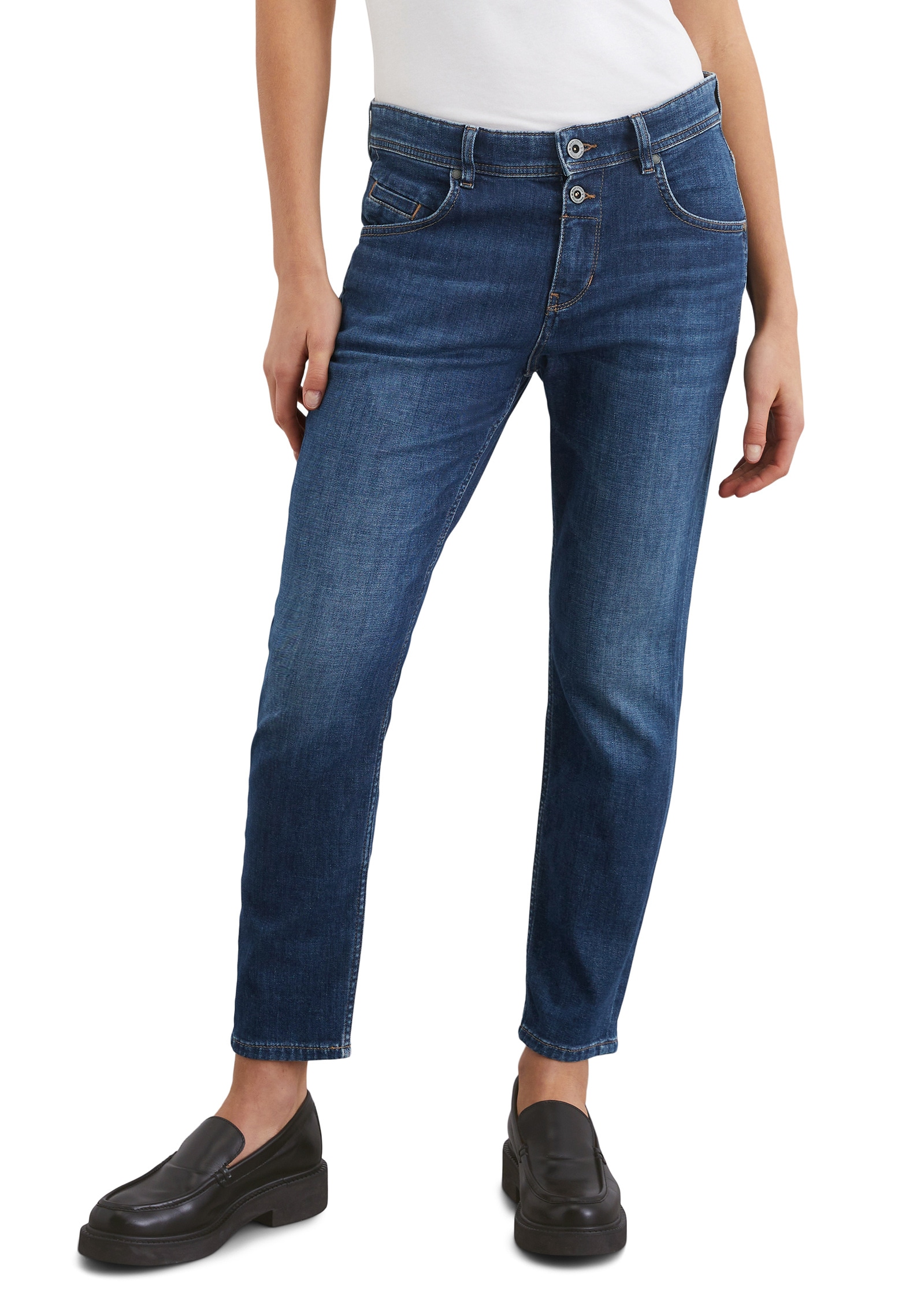 Boyfriend-Jeans MARC O'POLO "aus softem Baumwoll-Stretch", Damen, Gr. 36, Länge 34, blau (cashmere dunkelblau wash), Obermaterial: 92% Baumwolle, 6% Elastomultiester, 2% Elasthan, unifarben, lässig geschnitten normal, Jeans Image