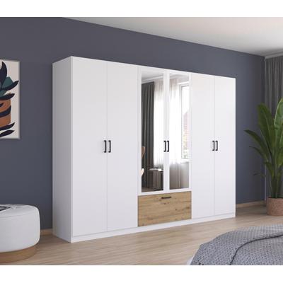 Drehtürenschrank RAUCH "Kleiderschrank Schrank Garderobe Wäscheschrank BARI mit Spiegel", weiß (alpinweiß, eiche artisan), B:270cm H:210cm T:54cm, Holzwerkstoff, Schränke, mit Schubasten mittig, moderner Griff in Graumetallic MADE IN GERMANY Image