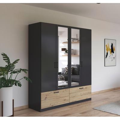 Drehtürenschrank RAUCH "Kleiderschrank Schrank Garderobe Wäscheschrank BARI mit Spiegel", grau (graumetallic, eiche artisan), B:180cm H:210cm T:54cm, Holzwerkstoff, Schränke, mit Schubkästen und modernem Griff in Graumetallic MADE IN GERMANY Image